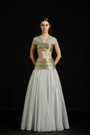 Metallic Zari striped co-ord set by AKHL featuring a coordinated top and bottom with shimmering metallic accents.