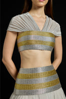 Metallic gold and silver Zari striped co-ords ensemble by AKHL, featuring a stylish coordinated top and bottom set.