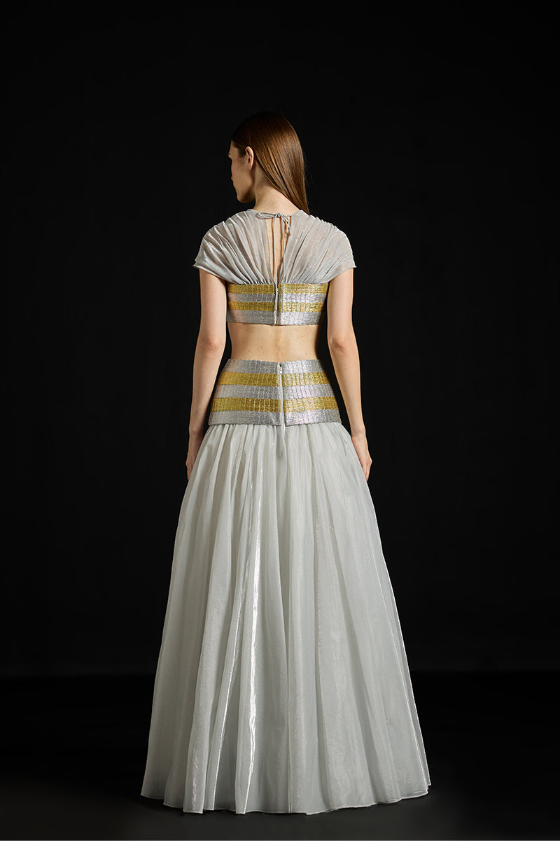 Zari striped metallic co-ords set by AKHL featuring a stylish matching top and pants with shiny metallic and zari detailing.