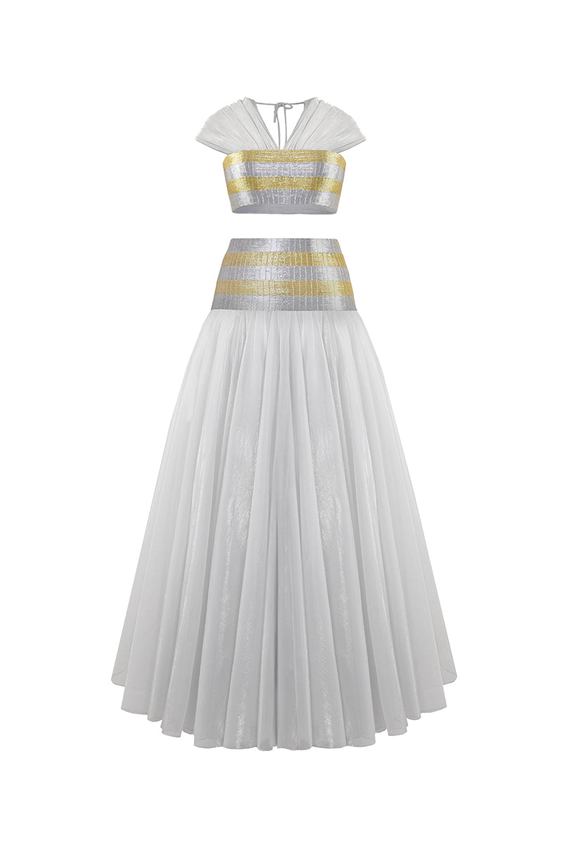 AKHL Zari striped metallic co-ords ensemble featuring a fitted top and matching pants, stylish and shiny for a bold look.