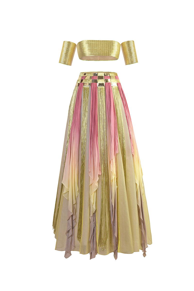 AKHL Interwoven Gradient Metallic Co-ords set featuring a shimmering, multi-tonal design in a stylish, modern ensemble.