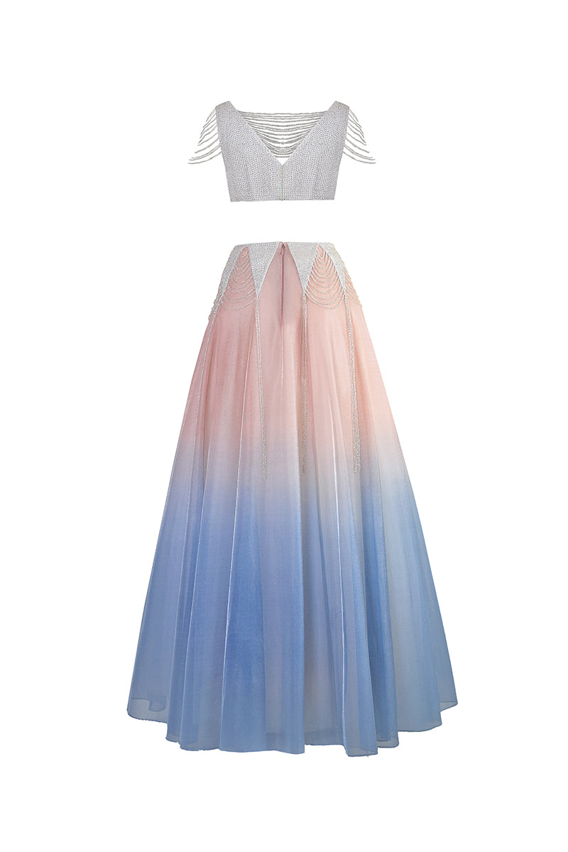 Back view of AKHL sequin fringes ensemble co-ords in shimmering fabric with fringe details, stylish and elegant for special occasions.