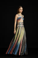 Multicolor interwoven halter co-ords ensemble by AKHL, featuring a stylish halter top and matching bottoms with vibrant woven pattern.