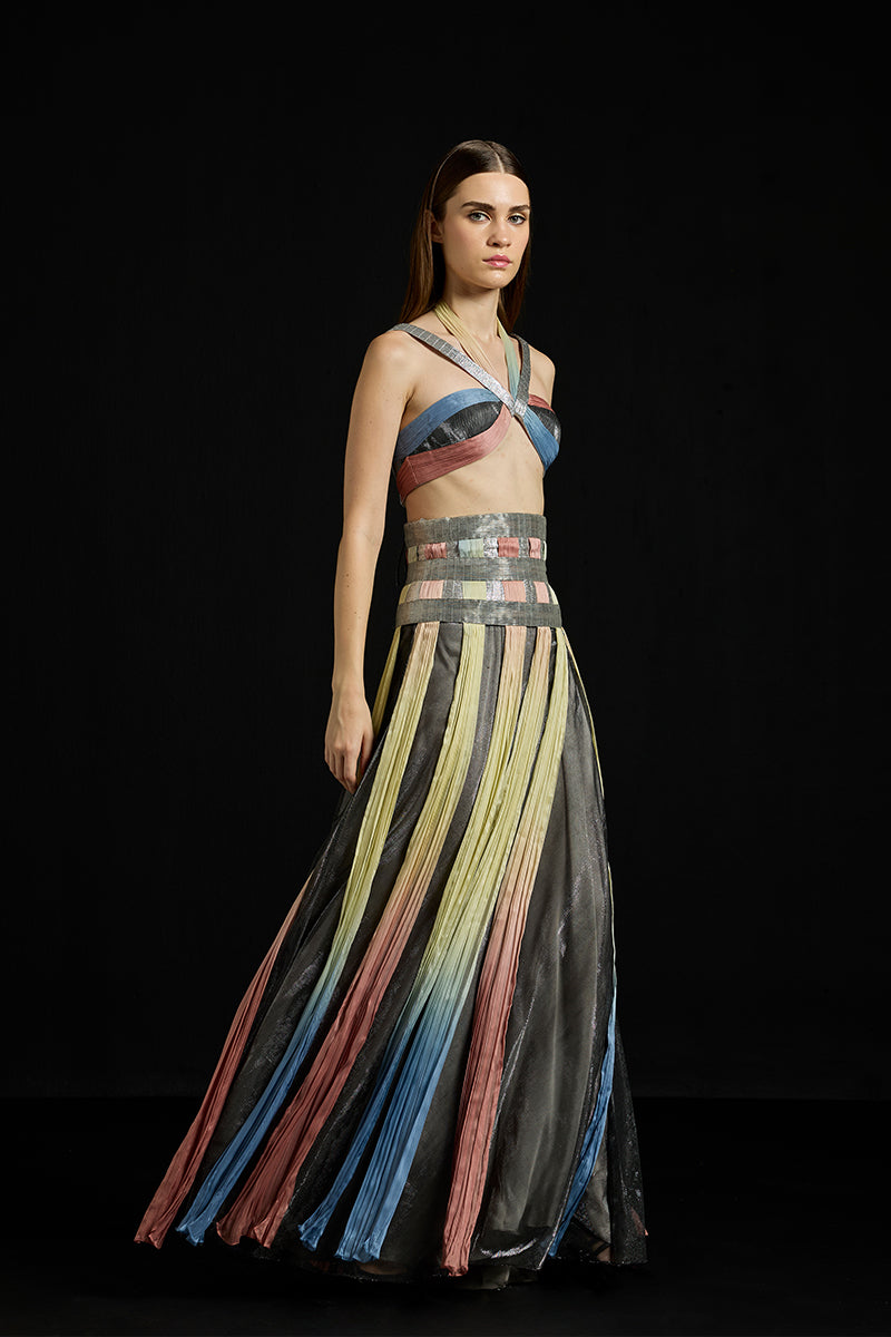Multicolor interwoven halter co-ords ensemble by AKHL, featuring a stylish halter top and matching bottoms with vibrant woven pattern.