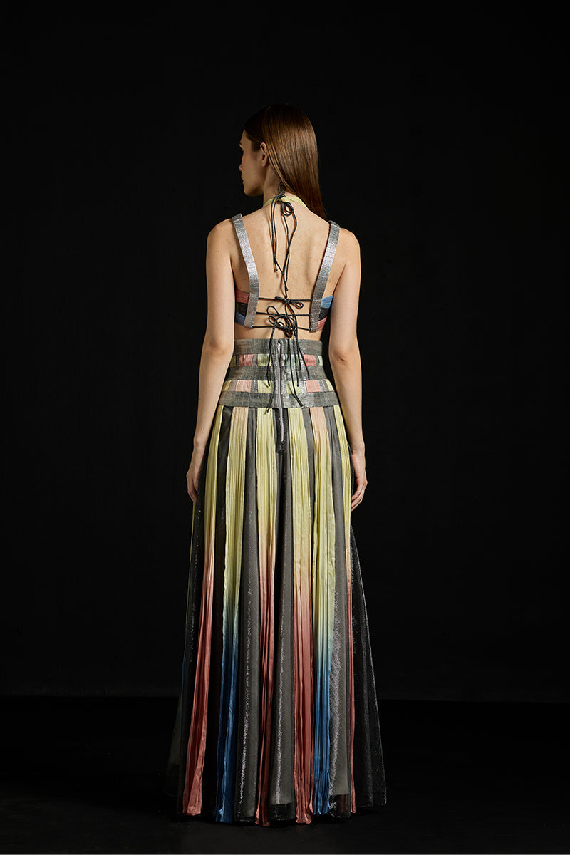 Multicolor interwoven halter co-ord ensemble by AKHL featuring a stylish, vibrant top and matching bottom, perfect for trendy summer wear.