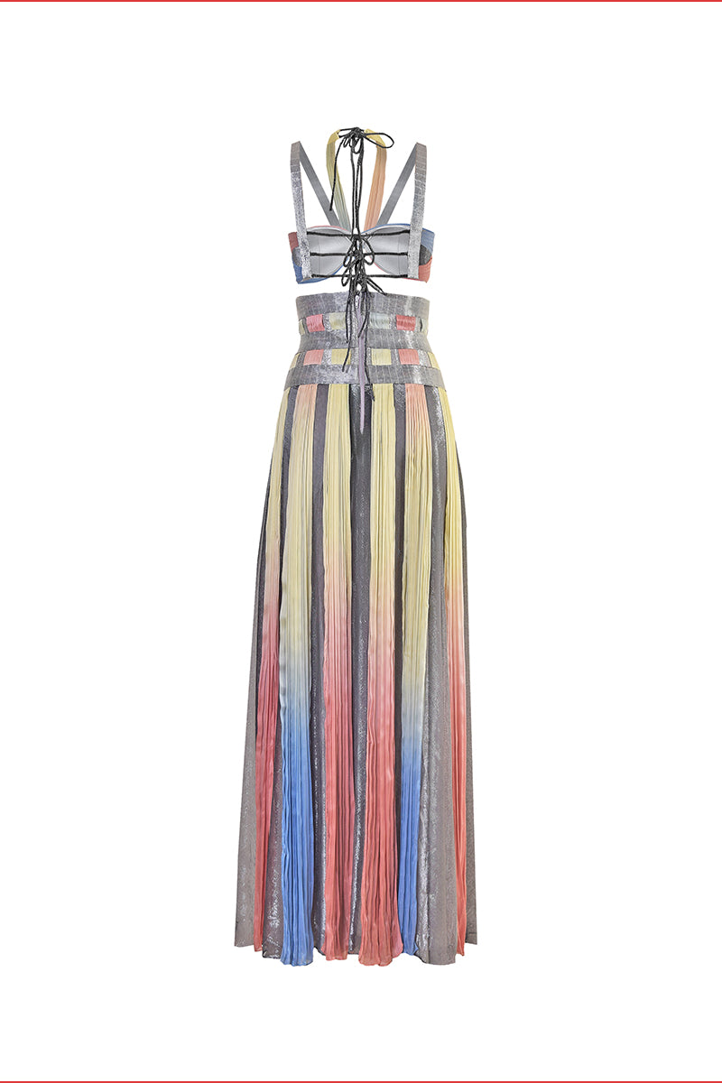 Multicolor interwoven halter co-ords ensemble by AKHL, featuring a stylish halter top and matching bottoms in vibrant woven design.