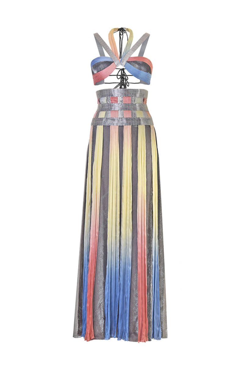 Multicolor interwoven halter co-ords ensemble by AKHL featuring a stylish top and matching bottoms, front view.
