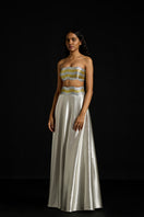 Silver metallic wave satin co-ords ensemble by AKHL featuring a stylish satin top and matching pants.