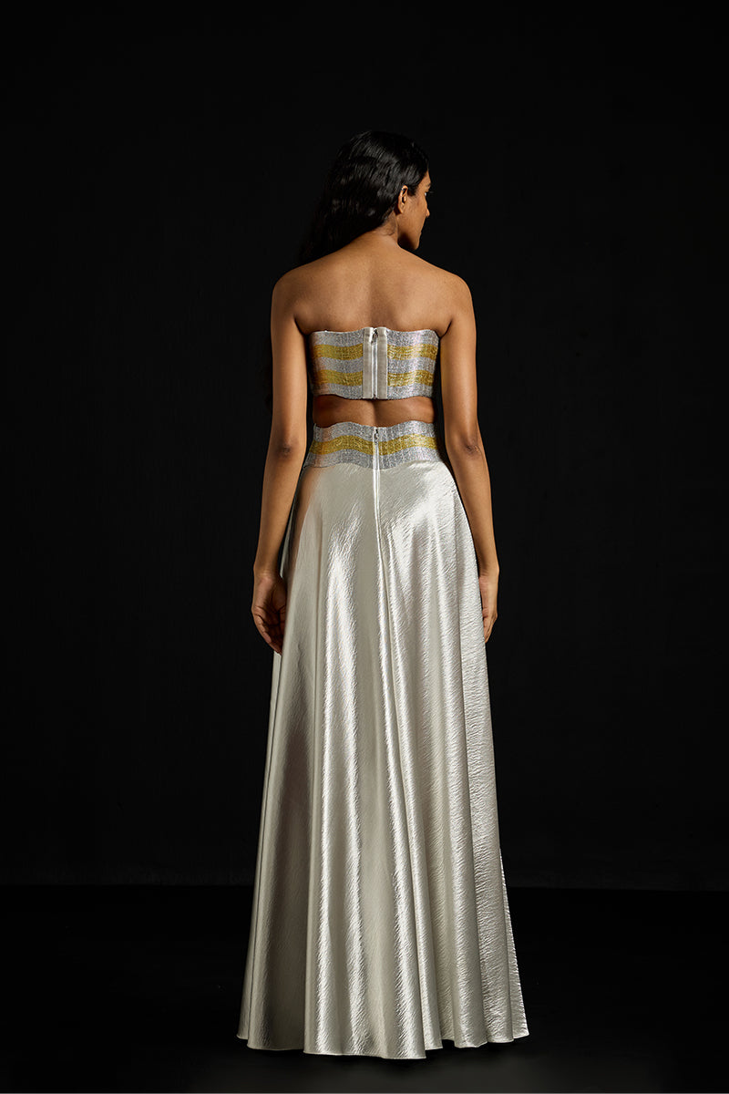 Metallic Wave satin co-ord set by AKHL featuring a stylish, shimmering satin fabric in a modern wave design.