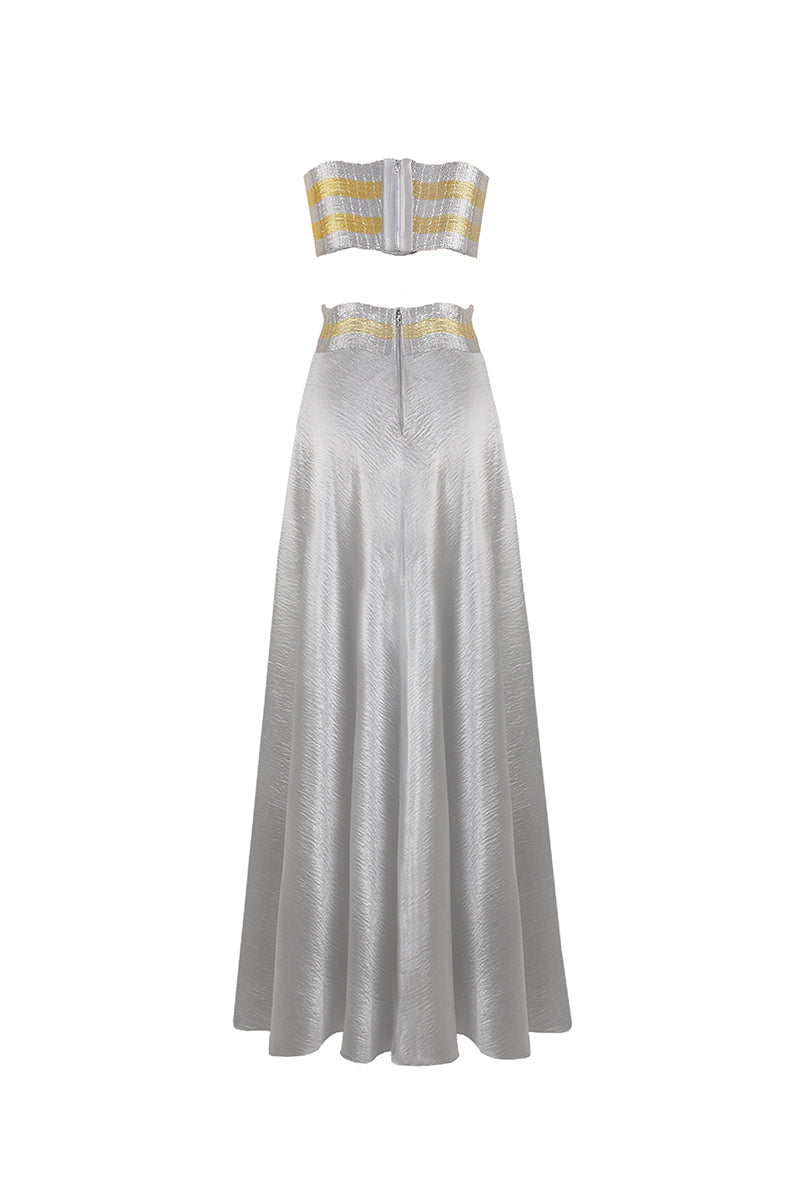 Back view of AKHL metallic wave satin co-ords ensemble featuring a sleek, shiny satin fabric with a wave pattern.