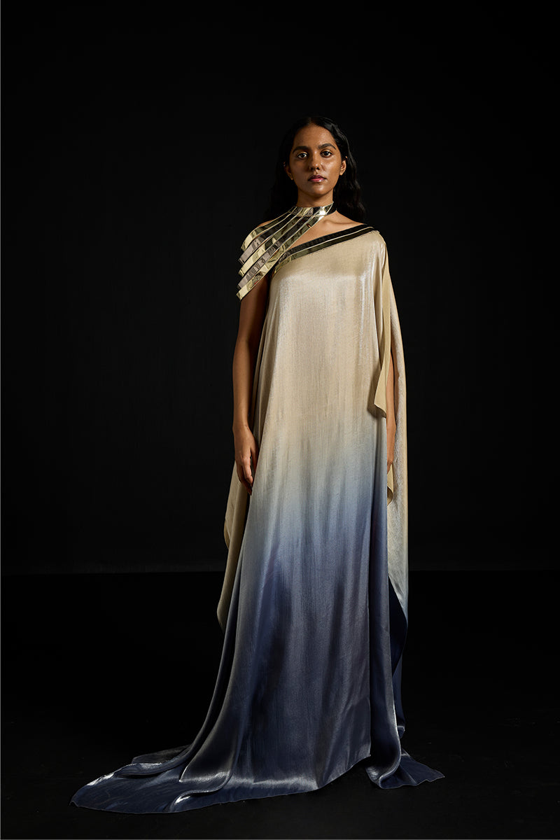 Metallic yoke asymmetric kaftan gown by AKHL featuring a stylish metallic yoke and flowing silhouette.