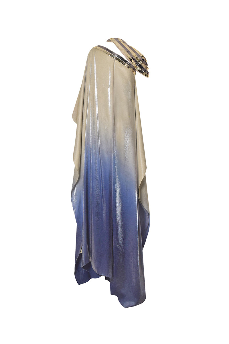 Back view of AKHL metallic yoke asymmetric kaftan gown with elegant metallic accents and flowing fabric.