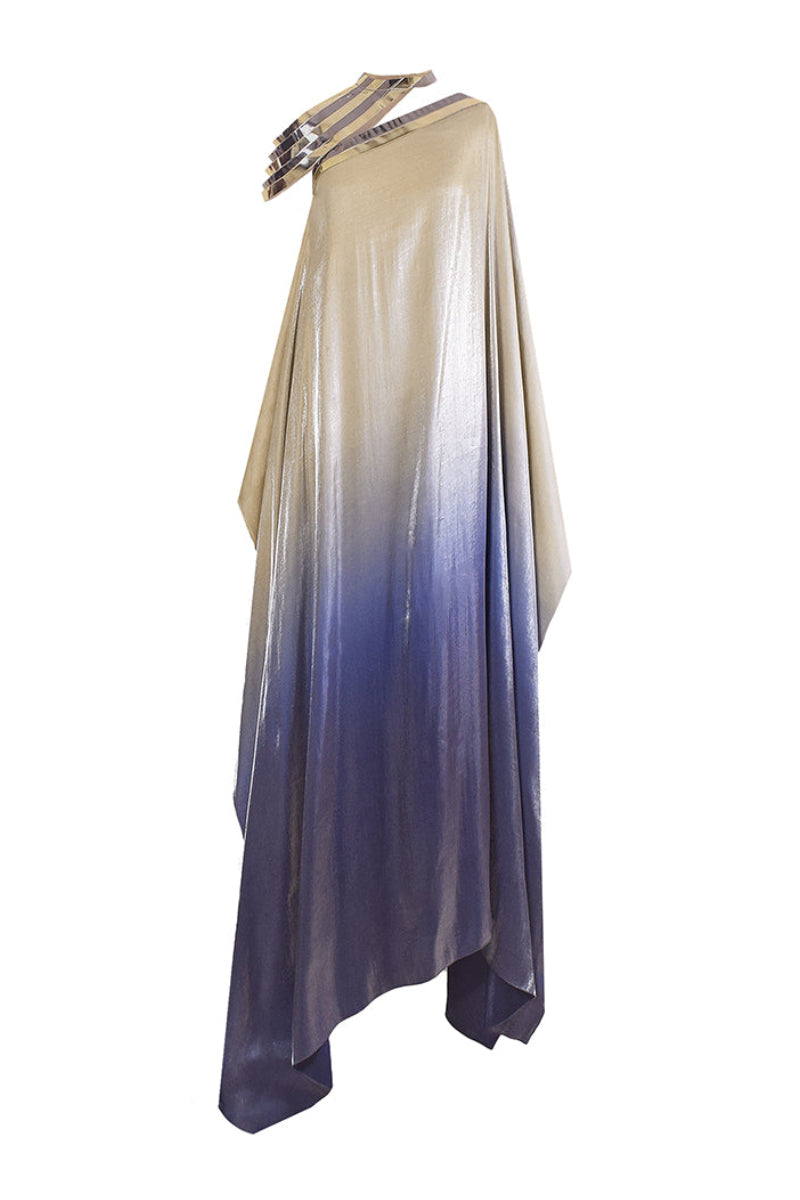 Metallic yoke asymmetric kaftan gown by AKHL, featuring a stylish front view with metallic accents and flowing fabric.