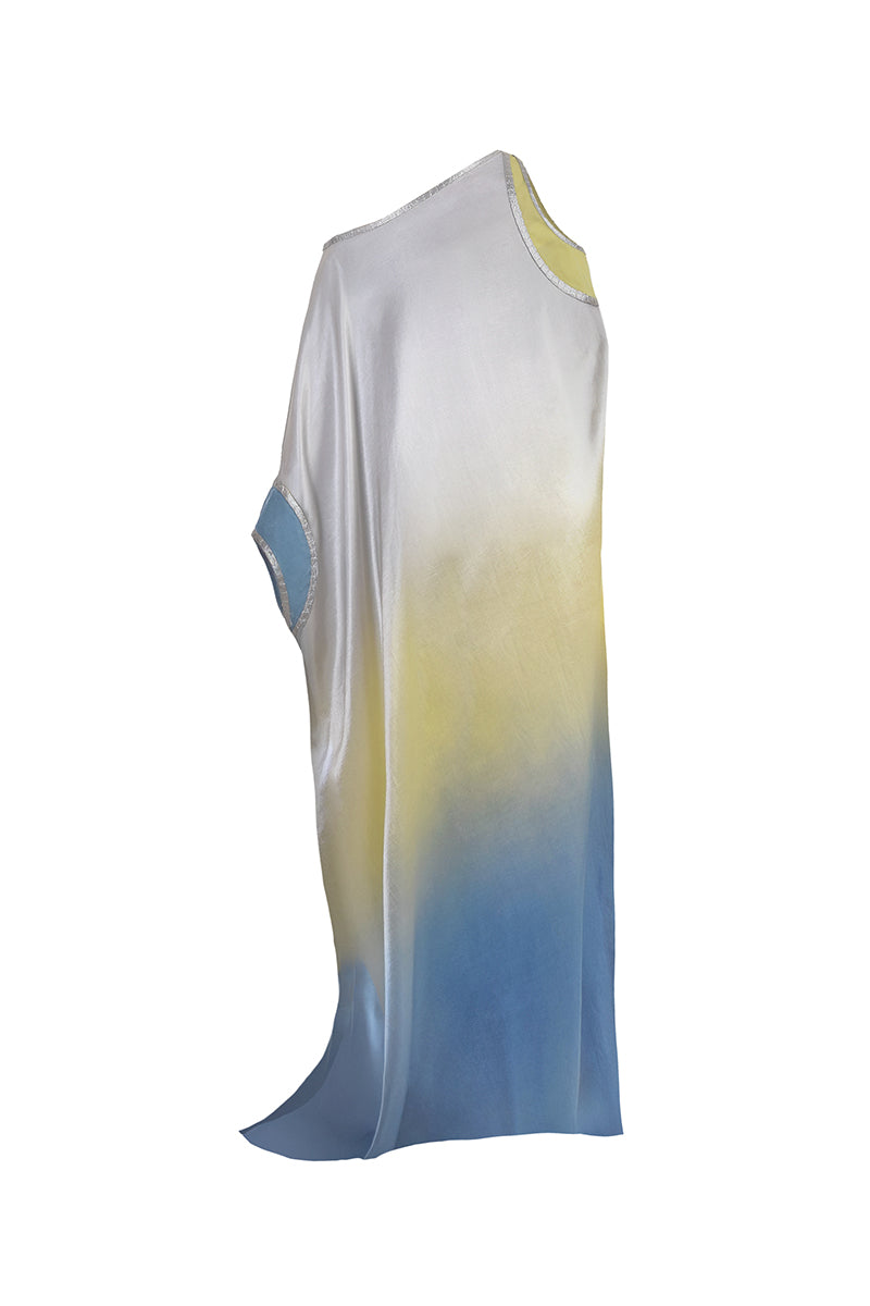 Back view of AKHL asymmetric gradient satin maxi kaftan, flowing satin fabric with stylish asymmetric design and vibrant color gradient.