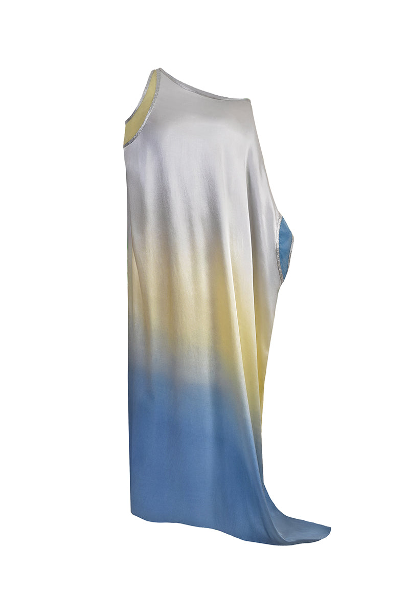 Asymmetric gradient satin maxi dress by AKHL featuring flowing fabric and elegant design, front view.
