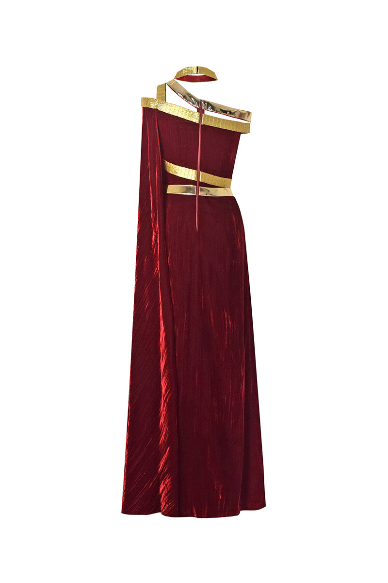 Back view of AKHL velvet metallic wrap gown, showcasing the elegant design and luxurious fabric in a stylish evening dress.