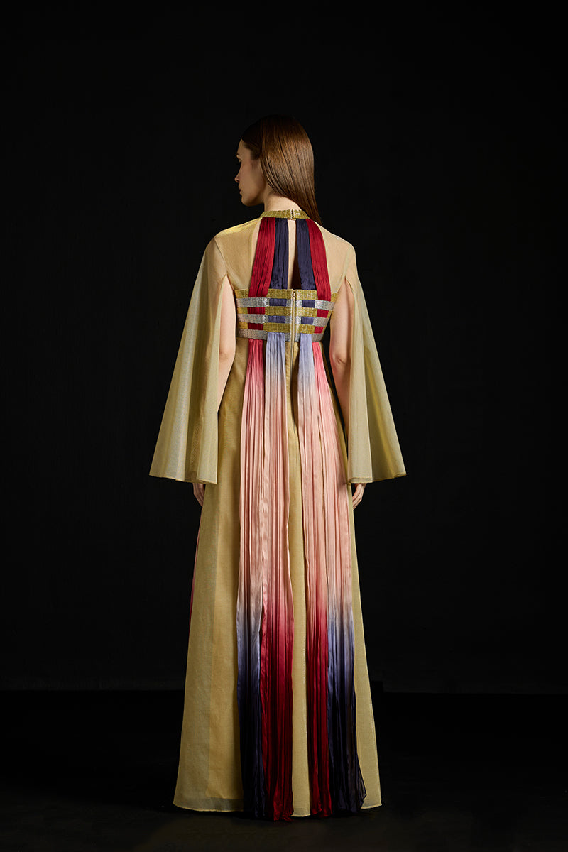 AKHL interwoven gradient tulle kaftan dress, elegant gown with flowing fabric and intricate color blending, perfect for special occasions.