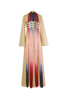 Back view of AKHL INTERWOVEN gradient tulle kaftan gown, flowing fabric with intricate color gradient and elegant design.