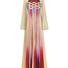 Front view of AKHL Interwoven Gradient Tulle Kaftan Dress, a flowing gown with layered tulle in vibrant gradient colors.