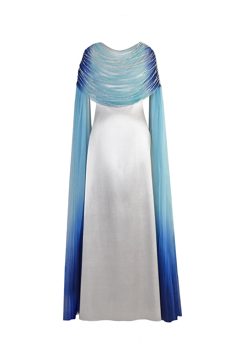 Elegant AKHL draped tulle fall-panelled gown with flowing silhouette, showcased from the front.