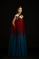 Elegant halter tulle layered gown by AKHL featuring a flowing design and intricate detailing, perfect for formal occasions.