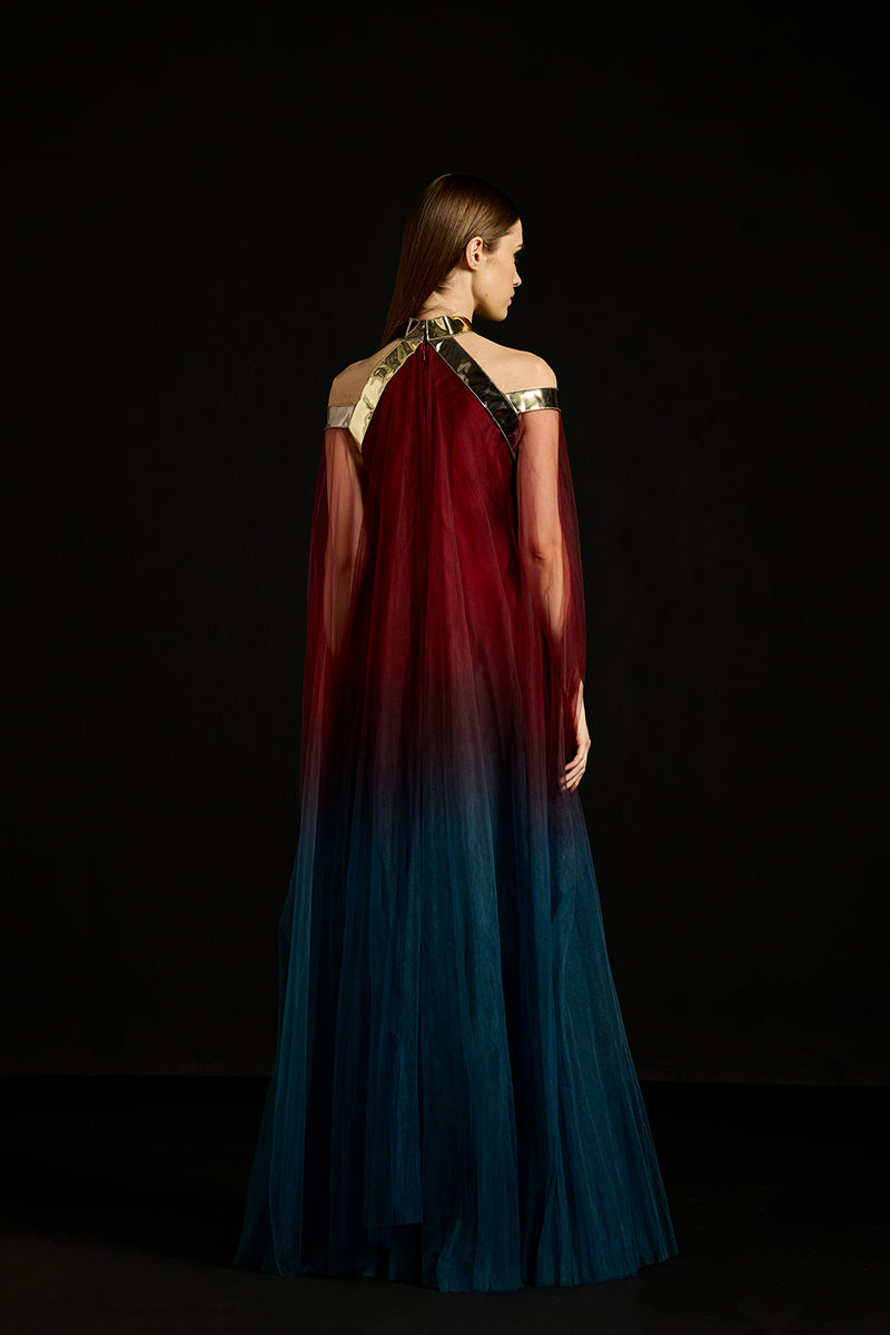 Elegant halter tulle layered gown by AKHL featuring a flowing design and intricate details, perfect for formal occasions.