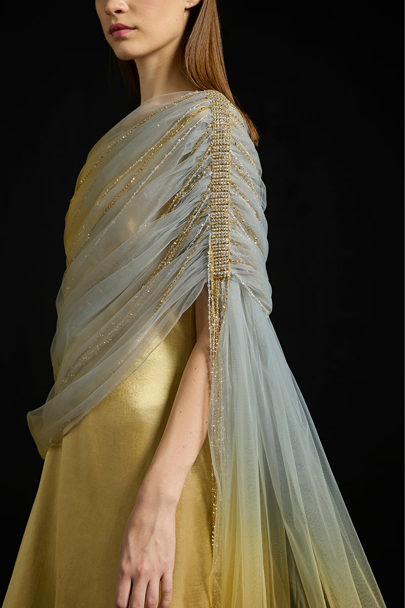 Elegant gathered draped tulle satin gown by AKHL featuring flowing fabric and sophisticated design.
