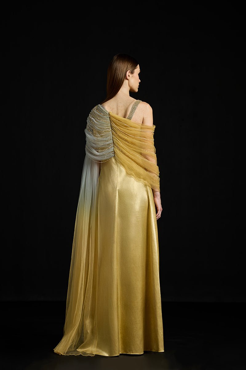 Elegant gathered draped tulle satin gown by AKHL featuring flowing fabric and sophisticated design, perfect for formal occasions.