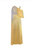 Back view of AKHL gathered draped tulle satin gown, elegant evening dress with flowing fabric and sophisticated design.
