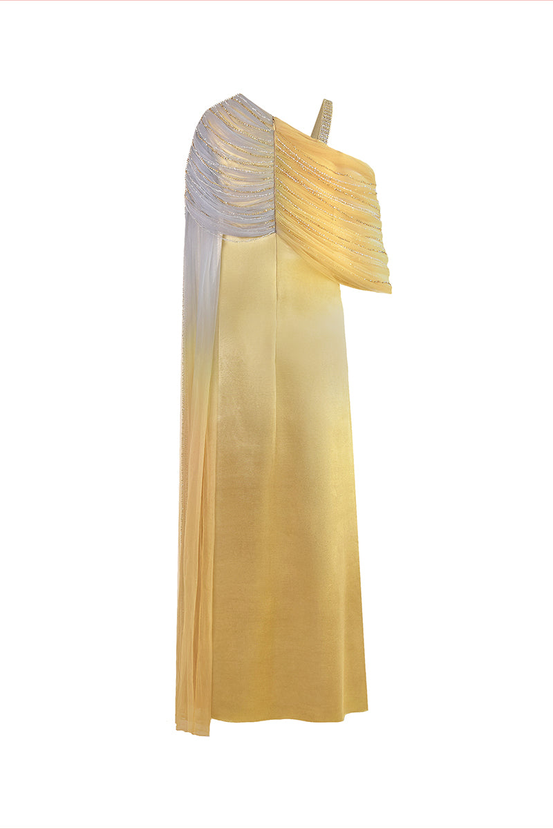 Back view of AKHL gathered draped tulle satin gown, elegant evening dress with flowing fabric and sophisticated design.