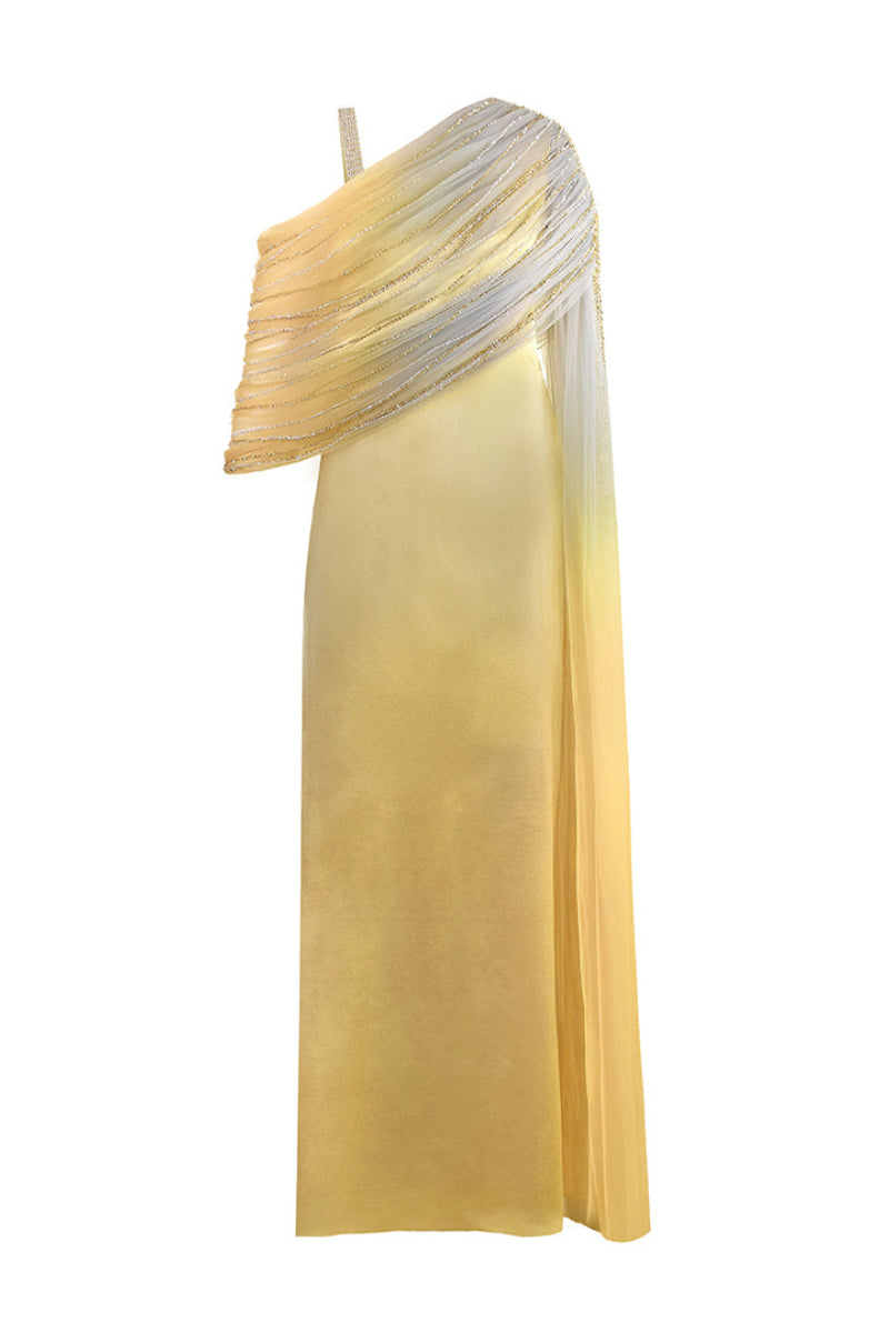 Front view of AKHL gathered draped tulle satin gown, featuring elegant design and flowing fabric for formal occasions.