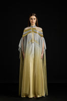 Elegant AKHL satin overlay metallic gown with a flowing design, featuring shiny metallic fabric and a stylish silhouette.