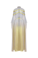 Back view of AKHL satin overlay metallic gown showcasing shiny satin fabric and elegant design.