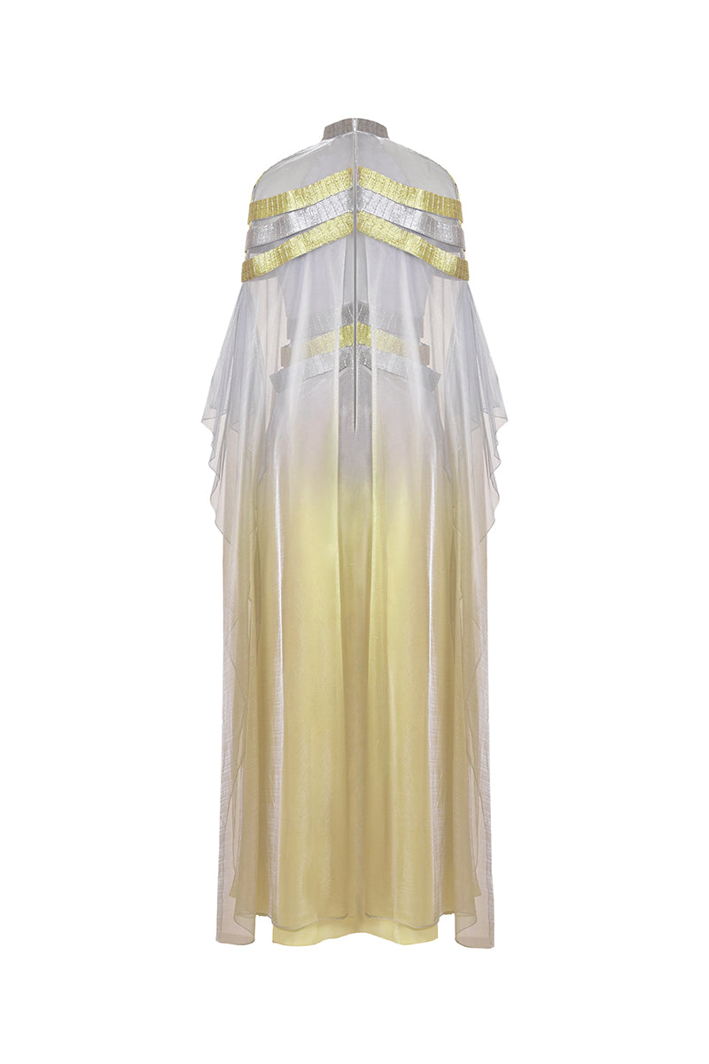 Back view of AKHL satin overlay metallic gown showcasing shiny satin fabric and elegant design.