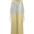 Front view of AKHL satin overlay metallic gown with a flowing design and shiny fabric, perfect for formal occasions.