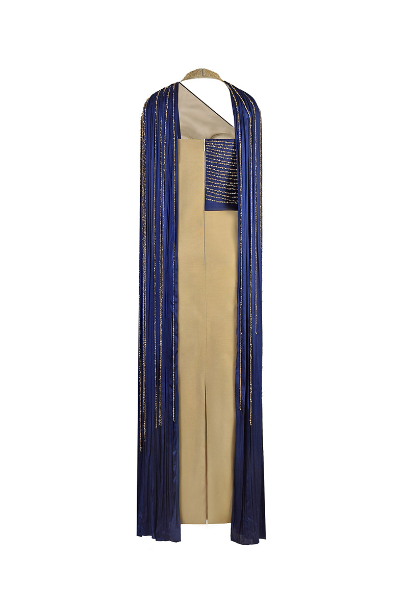 Back view of AKHL draped sequins metallic gown, showcasing shimmering fabric and elegant design for formal occasions.