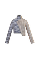 Handwoven asymmetric biker jacket by AKHL featuring rugged craftsmanship and stylish design, shown on a model.