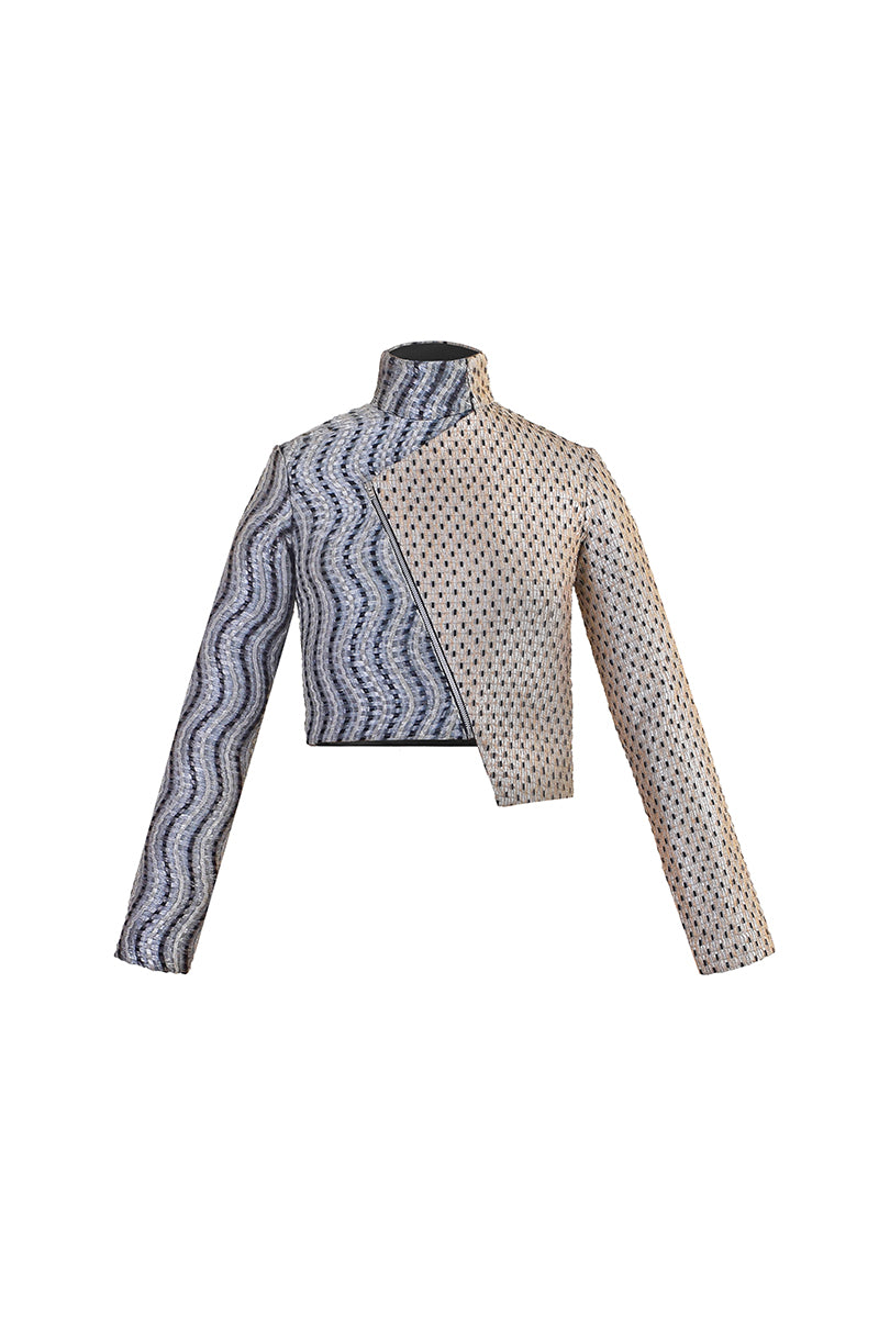 Handwoven asymmetric biker jacket by AKHL featuring rugged craftsmanship and stylish design, shown on a model.