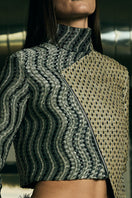 Handwoven asymmetric biker jacket by AKHL, featuring unique design and textured fabric in a stylish, edgy jacket for men and women.