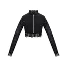 Embossed cropped biker jacket by AKHL featuring detailed embroidery, black leather-style material, and a stylish, edgy design.