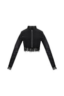 Embossed cropped biker jacket by AKHL featuring detailed embroidery, black leather-style material, and a stylish, edgy design.