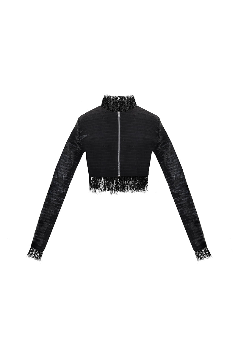 Embossed cropped biker jacket by AKHL featuring detailed embroidery, black leather-style material, and a stylish, edgy design.