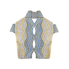 Handwoven wave-patterned cropped gilet jacket by AKHL, featuring textured fabric and stylish design.