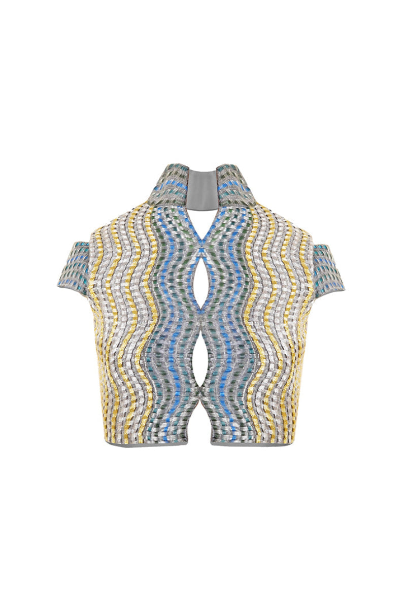 Handwoven wave-patterned cropped gilet by AKHL, showcasing textured design and sleeveless jacket style.