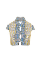 Handwoven wave-patterned cropped gilet jacket by AKHL, featuring textured fabric and stylish design.