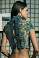 Handwoven wave cropped gilet jacket by AKHL, featuring textured woven fabric and a stylish cropped design.