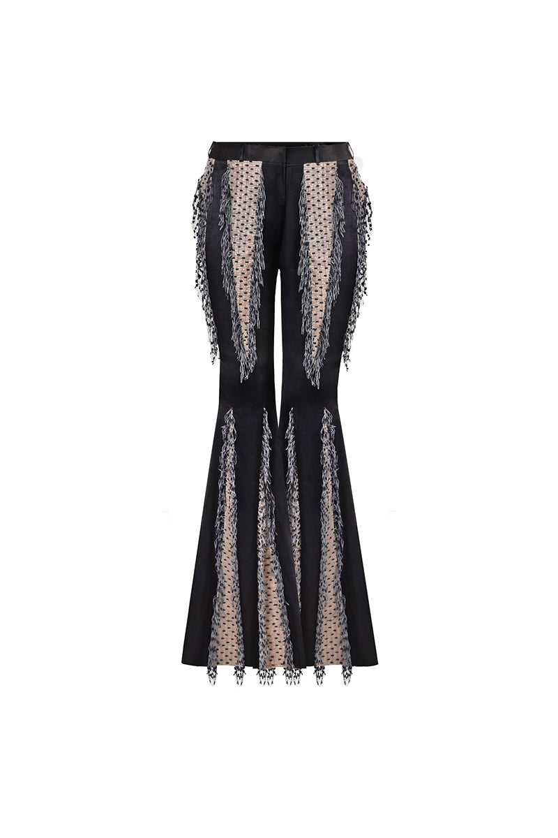 Handwoven panelled boot-cut trousers by AKHL, featuring textured fabric and tailored fit in a stylish design.