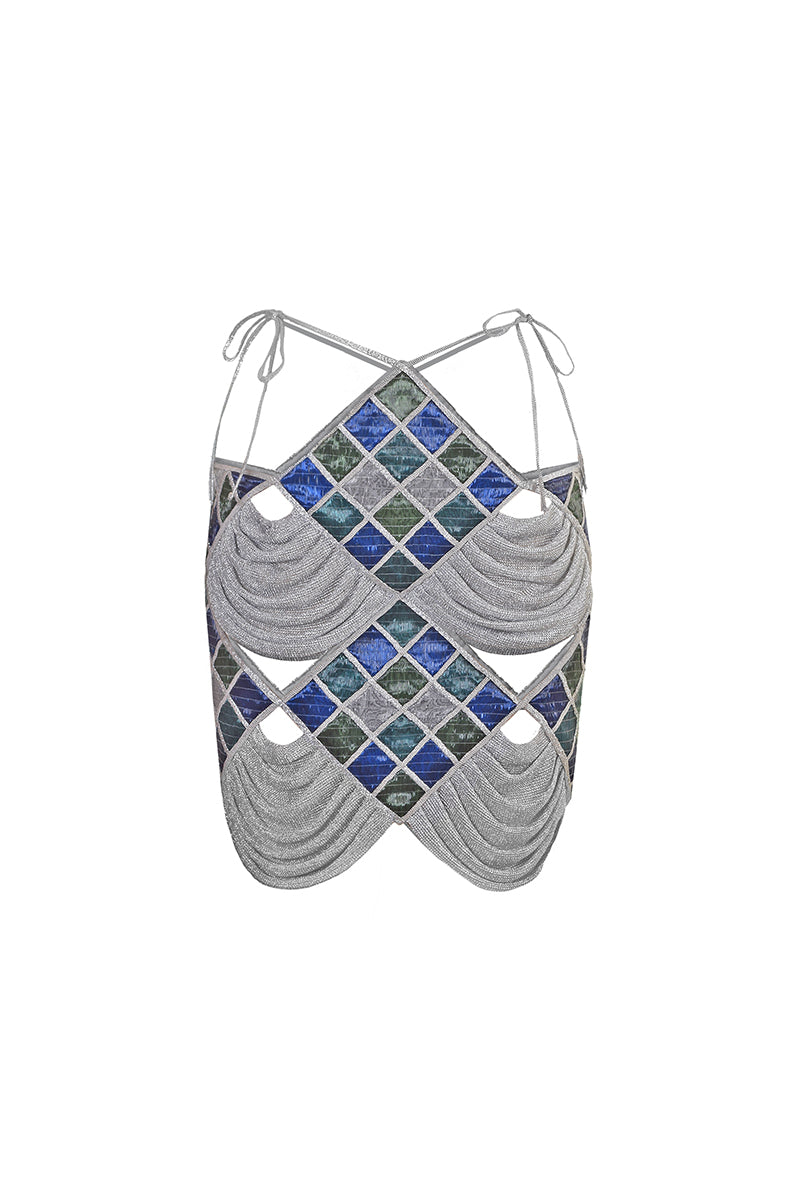 AKHL Concept Diamond Interwoven Mini Skirt in black, featuring a textured diamond pattern and a fitted silhouette.