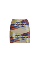 AKHL Interwoven Column Mini Skirt in black, with a fitted high-waist design and textured woven fabric, shown on a model.