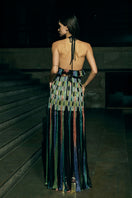 Long black AKHL dimensional column maxi skirt with a flowing design, perfect for elegant, modern fashion styles.
